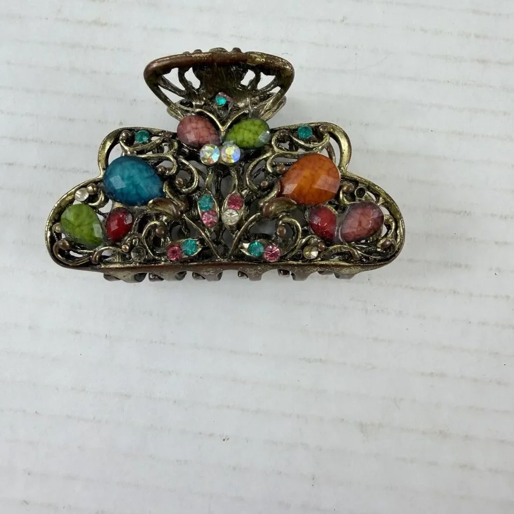 Vintage Gold Tone Metal Jeweled Rhinestones Hair Clip Claw